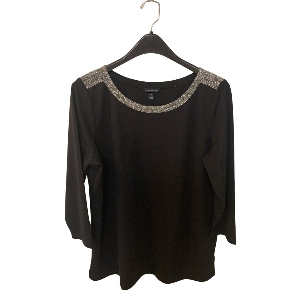 Land's End | Black with Speckled Embroidered Crew Neck Blouse Size XL 18